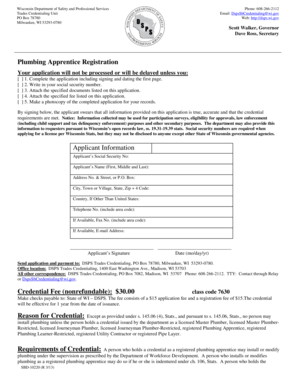 Wisconsin Plumbing Apprentice Registration Form