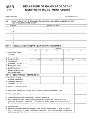 Idaho Form 68R Broadband Equipment Investment Credit Recapture
