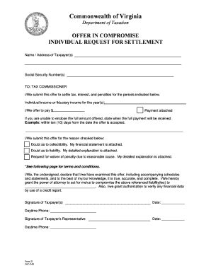 Virginia Offer in Compromise Individual Request for Settlement
