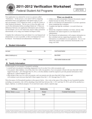 2011-2012 Verification Worksheet Dependent