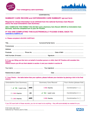 UK NHS Care Summary Opt-Out Form