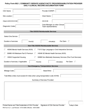 Arizona Community Service Agency Clinical Record Form