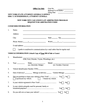 New York New Car Lemon Law Arbitration Form