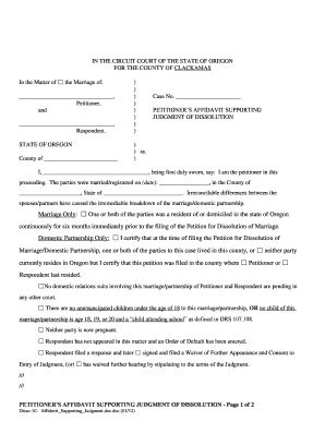 Petitioner's Affidavit Supporting Judgment of Dissolution