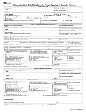 Washington State Birth Filing Form for Female Spouses or Domestic Partners
