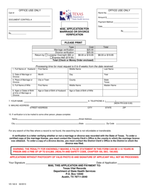 Texas Marriage or Divorce Verification Application