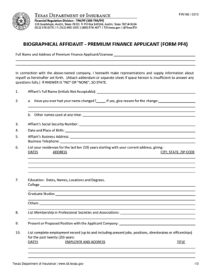 Biographical Affidavit - Premium Finance Applicant