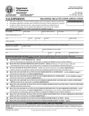 Ohio Salesperson Transfer Reactivation Application