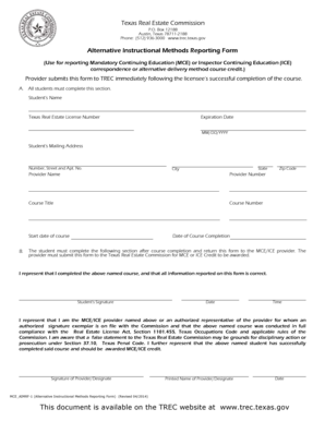Texas Real Estate Commission Alternative Instructional Methods Reporting Form