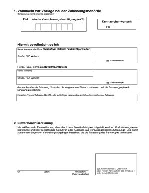 Vollmacht zur Vorlage bei der Zulassungsbehörde