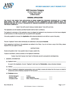 Investment Management Liability Insurance Policy Renewal Application