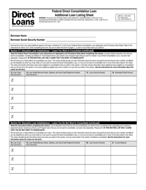 Federal Direct Consolidation Loan Additional Loan Listing Sheet
