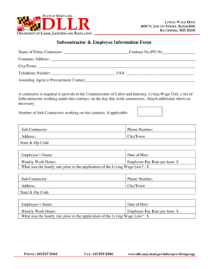 Maryland Subcontractor and Employee Information Form