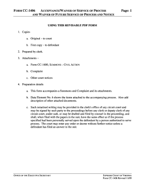 Virginia Acceptance/Waiver of Service of Process Form CC-1406