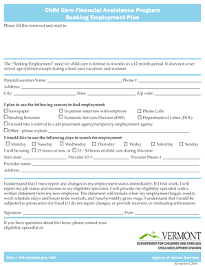 Child Care Financial Assistance Program Seeking Employment Plan