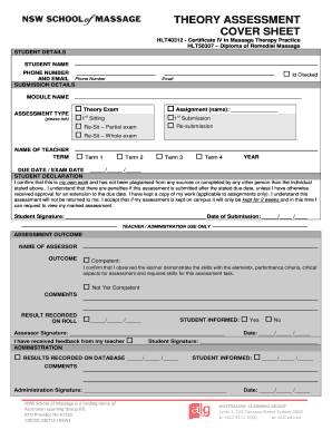 Massage Therapy Theory Assessment Cover Sheet