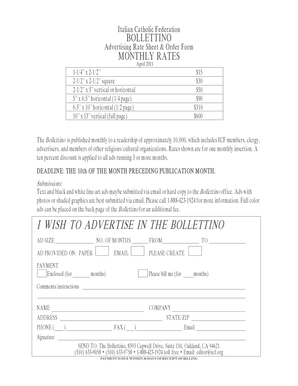 Italian Catholic Federation Advertising Rate Sheet