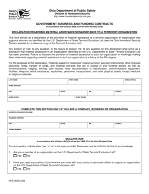 Ohio Terrorist Organization Assistance Declaration