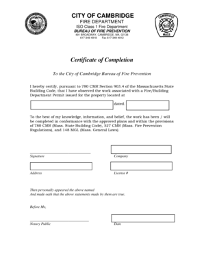 Certificate of Completion for Fire/Building Permit