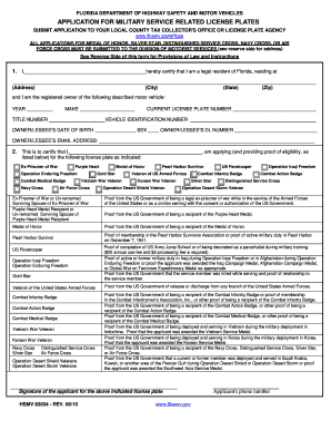 Florida Military Service Related License Plates Application