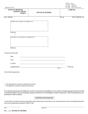 Michigan Notice of Hearing