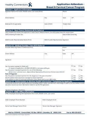 South Carolina BCCP Application Addendum