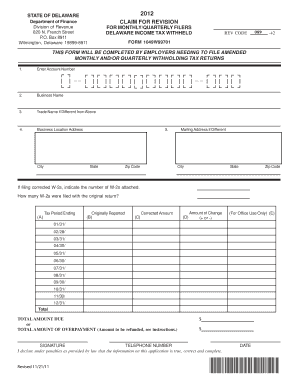 Delaware Income Tax Withheld Revision Form