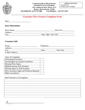 Massachusetts Consumer Price Scanner Complaint Form