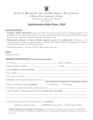 Rhode Island Authentication Order Form