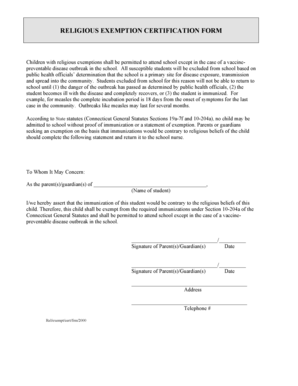 Religious Exemption Certification Form