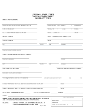 Louisiana State Police Towing and Recovery Complaint Form