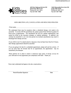 Kids Abilities Late Cancellation and Sick Child Policies
