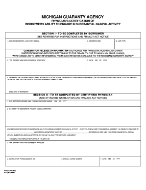 Michigan Physician's Certification of Borrower's Ability to Engage in Substantial Gainful Activity