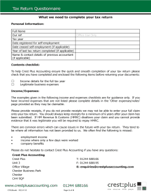 UK Self-Employment Tax Return Questionnaire