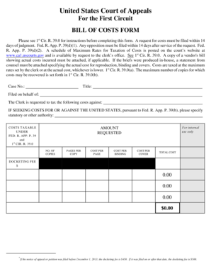US Court of Appeals Bill of Costs Form
