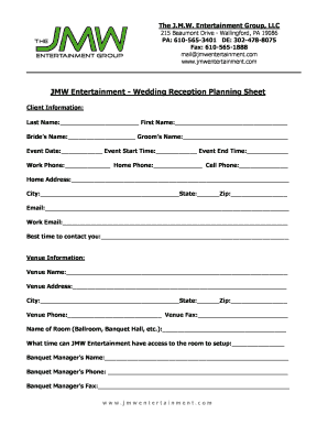 Wedding Reception Planning Sheet