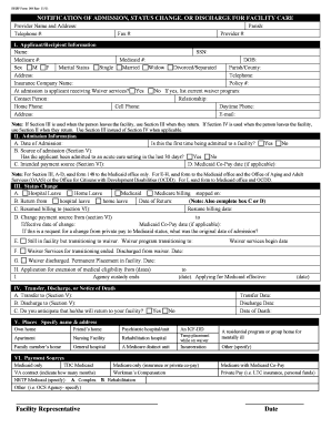 Notification of Admission, Status Change, or Discharge for Facility Care