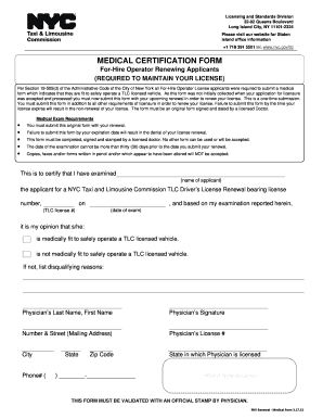 NYC TLC Driver License Renewal Medical Certification Form