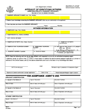 Affidavit of Identifying Witness for Passport Application