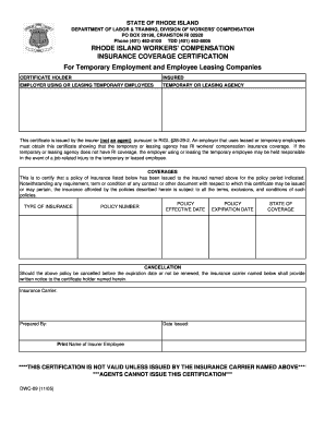 Rhode Island Workers' Compensation Insurance Coverage Certification