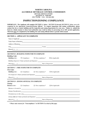 North Carolina ABC Inspection/Zoning Compliance Form