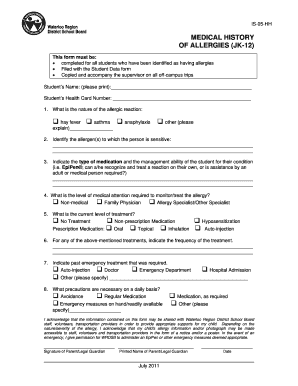 Medical History of Allergies Form