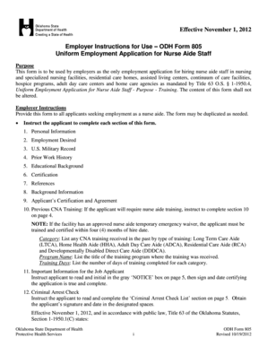 Uniform Employment Application for Nurse Aide Staff