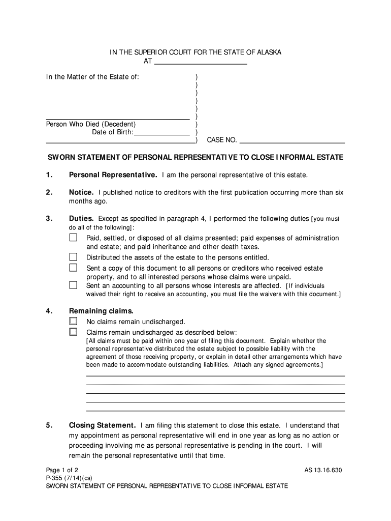 P-355 Sworn Statement of Personal Representative to Close Informal Estate (7-14) Probate Form Preview on Page 1