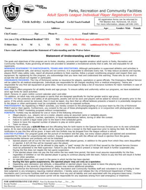 Adult Sports League Individual Player Registration Form
