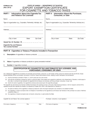 Hawaii Export Exemption Certificate for Cigarette and Tobacco Taxes