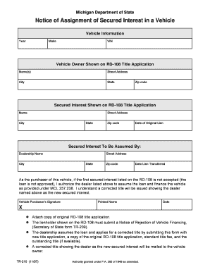 Michigan Notice of Assignment of Secured Interest in a Vehicle