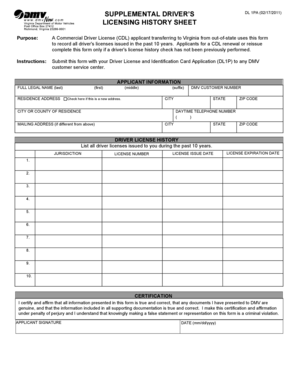 Virginia CDL Licensing History Sheet