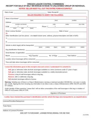 Oregon Malt Beverage Keg Sale Receipt