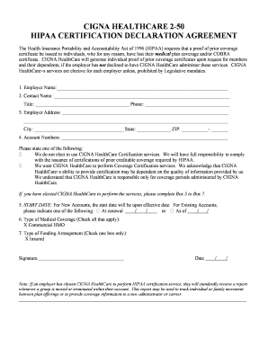 Cigna HIPAA Certification Declaration Agreement